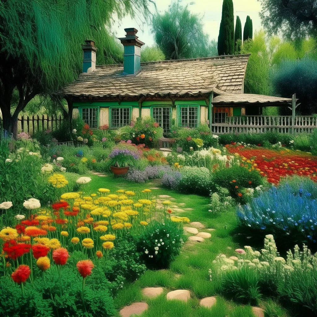 A green garden filled with flowers near a house designed in Navajo woven art painted by Claude Monet