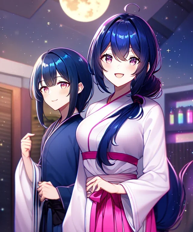 girl, masterpiece, best quality, cinematic lighting, detailed outfit, vibrant colors, perfect eyes, dark blue hair, pink eyes, long hair, low-tied hair, hakama, sparkle, depth of field, indoors, full moon, starry sky, god rays, glowing light, ray tracing, yokozuwari, laughing,