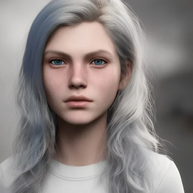 16 years old women, named Gretchen Marie Bernath - light-blonde hair, round blue eyes, medium cold skin tone, defined jawline and cheek bones, defined sharp nose, full eyebrows, natural, mature, warrior, hard worker, strong, muscular, enduring, cocky, caring, dramatic, confident