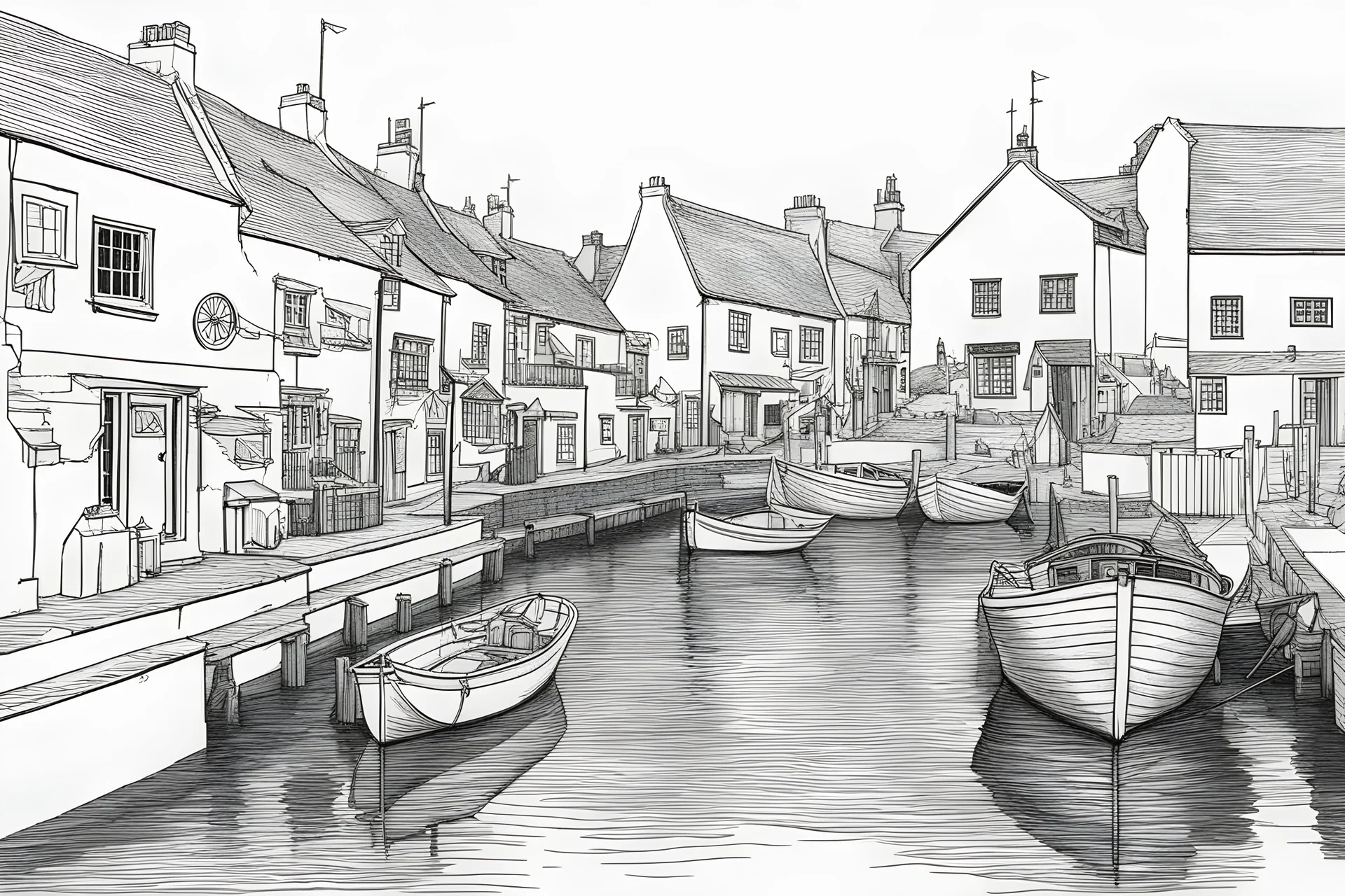 English fishing village light hb pencil line art minimalist outlines