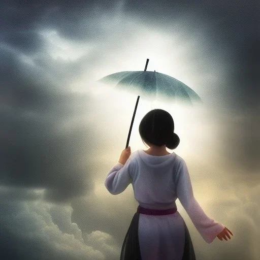 view from behind of japanese girl holding bamboo umbrella and looking at a stormy sky with rays of sunlight breaking through center of stormy sky, 8k, high-quality, ultrafine-detail, intricate, digital painting, brian froud, howard lyon, selina french, anna dittmann, annie stokes, Greg Rutowski