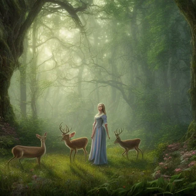 portrait of A young elf maiden next to a deer on a nature forest path, 8k resolution, high-quality, fine-detail, iridescent, intricate, digital art, detailed matte, volumetric lighting, beautiful, illustration, 3D octane render, margaret weiss, brian froud, howard lyon, selina french, anna dittmann, annie stokes, lisa parker, greg rutowski,