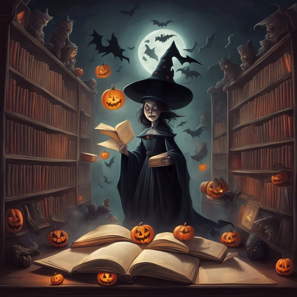 An endless library of Halloween books that float to readers on command, supervised by a witch