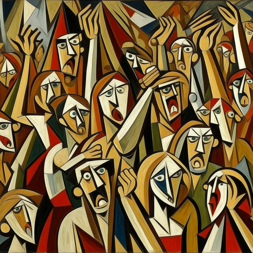 picasso cubism crowd of people brown screaming