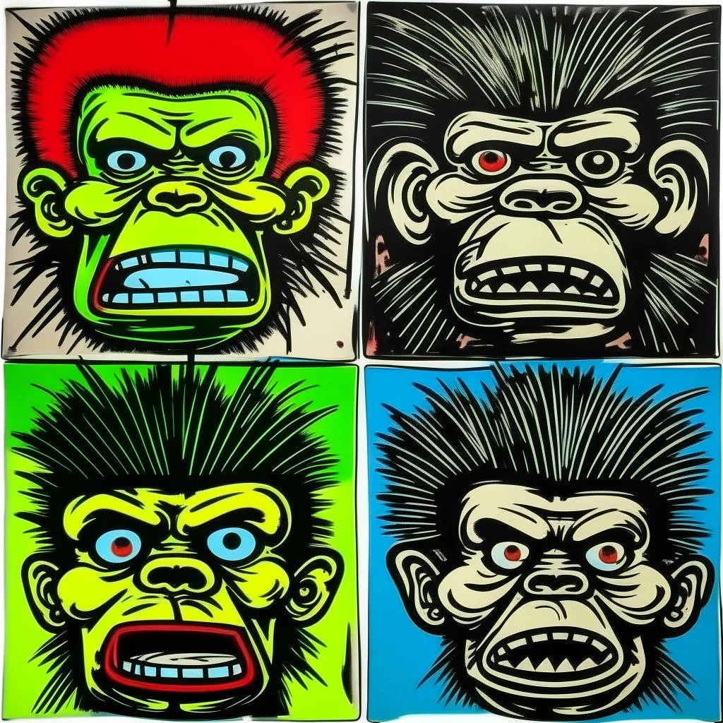 4 angry monkey faces, by Jean-Michel Basquiat and Andy Warhol, acrylic painting