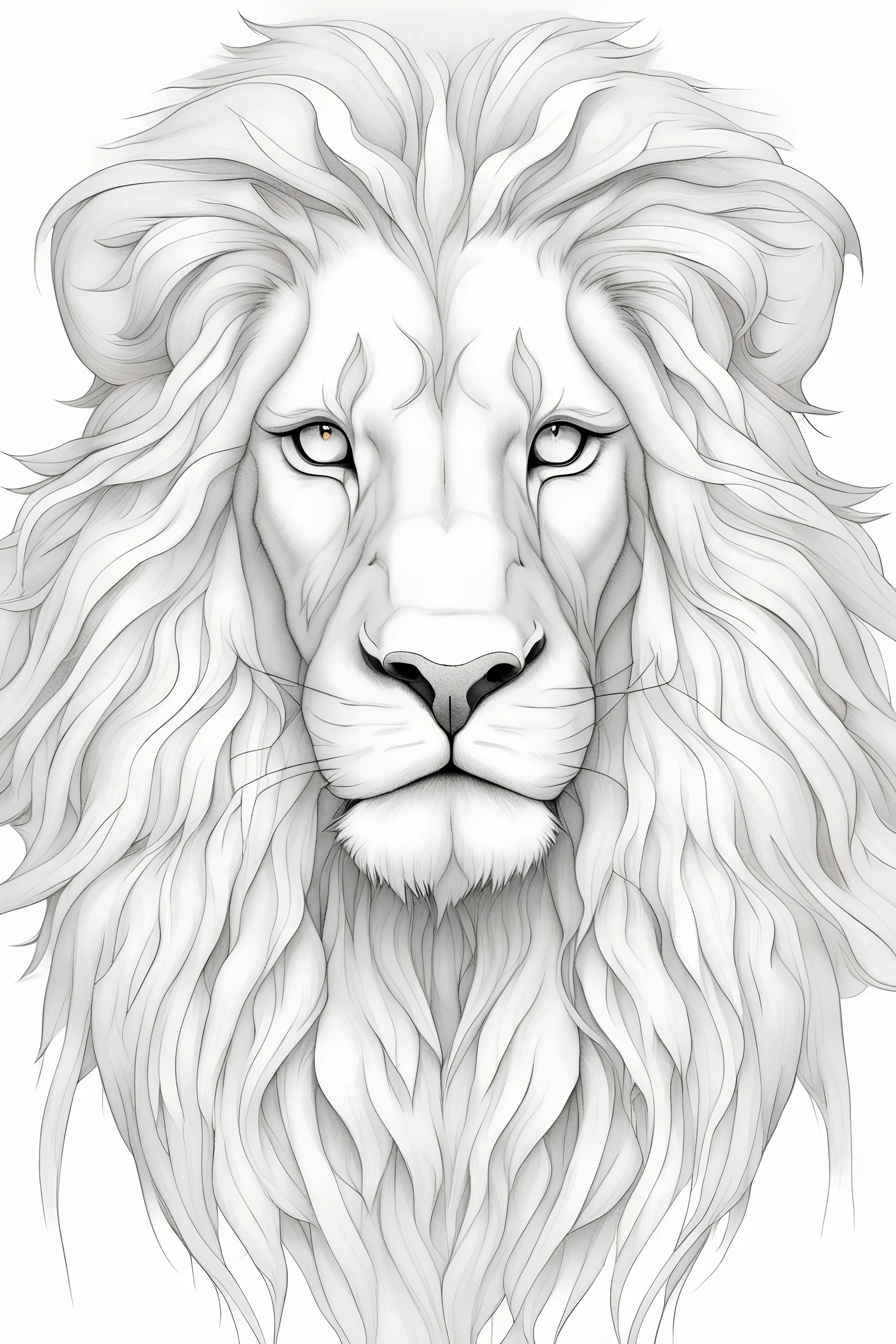 Coloring Book Research Topic Outline art for “Majestic Lion Portrait: A close-up sketch capturing the regal face of a lion with a flowing mane”, white background, sketch style, full body, only use outline, clean line art, no shadows and clear and well.