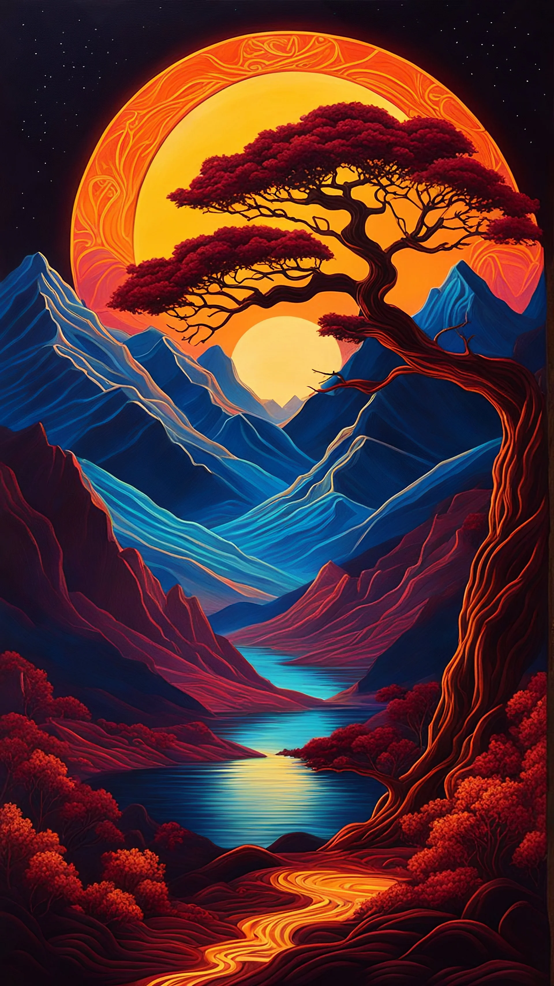 a painting of mountains with a tree near it, in the style of neon art nouveau, dark red and amber, highly detailed realism, nightscape