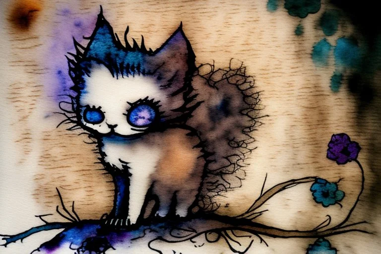 so much fluff, painted and burned burlap, moonlight, cute chibi kitten, styles of Paul Klee Dee Nickerson and Tim Burton, melting watercolor and black ink outlines on wet paper, soft, shading strokes, in candlelight, ethereal, otherwordly, cinematic postprocessing, bokeh, dof, S<AI