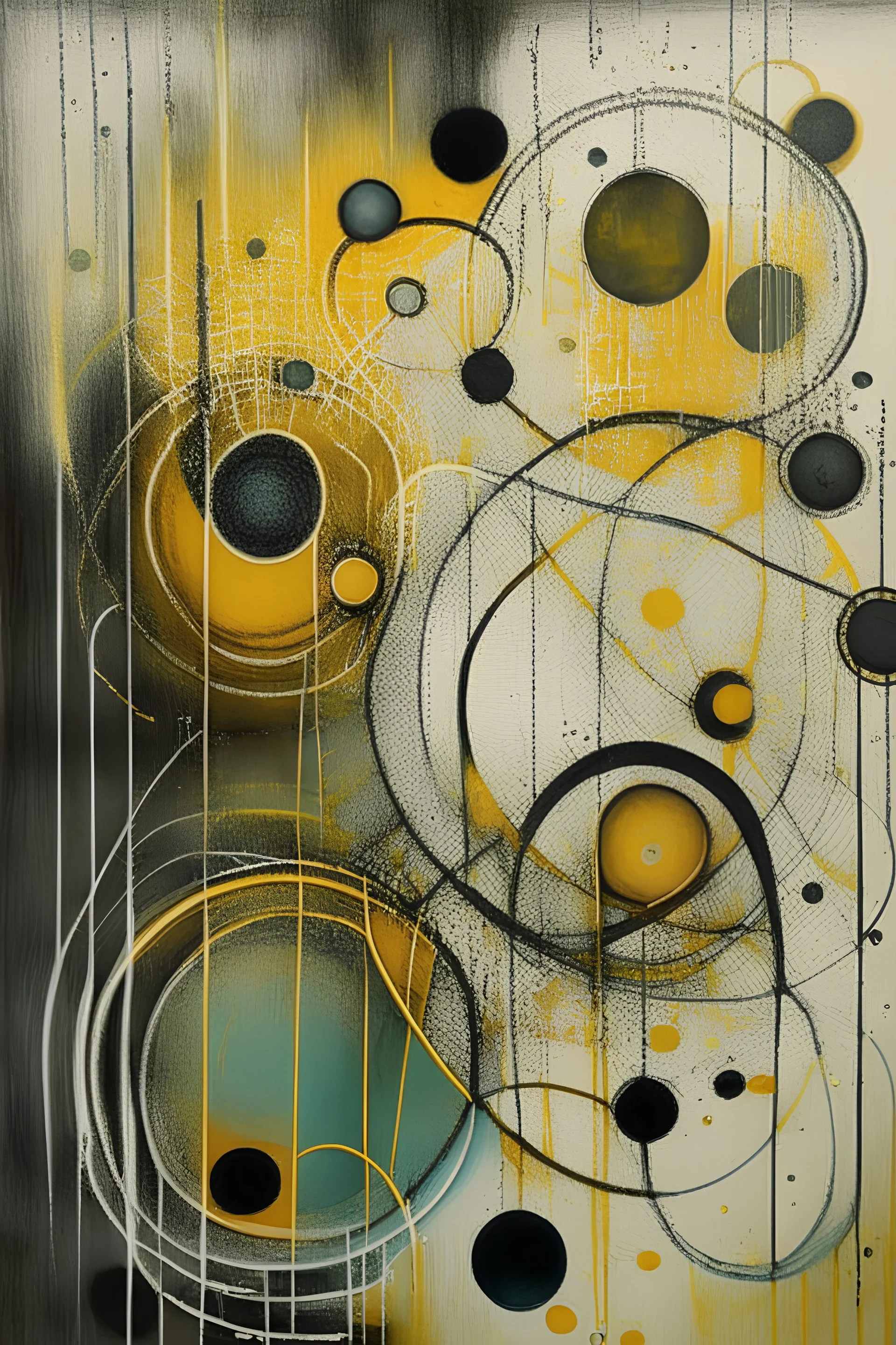 Abstract wet oil painting, ink lines, interlinked circles