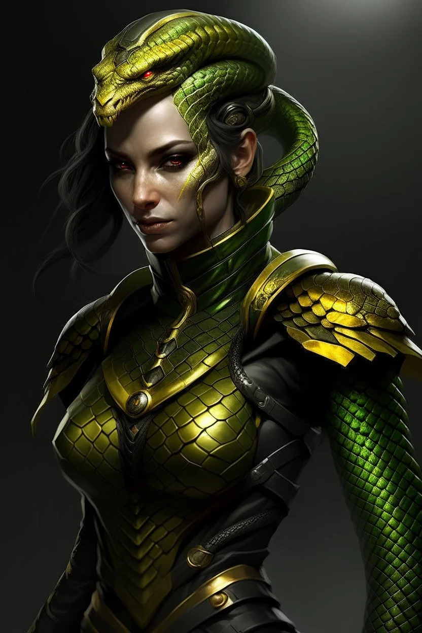 a female humanoid snake, wearing a black leather armor, green scales, yellow eyes