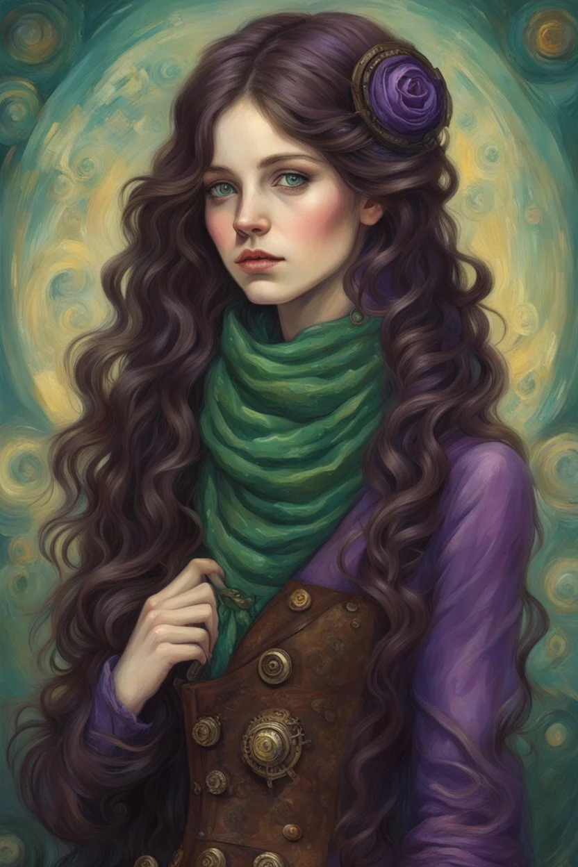 A girl with long, wavy dark brown hair, purple eyes, dressed in steampunk clothes, green scarf , Portrait of Van Gogh