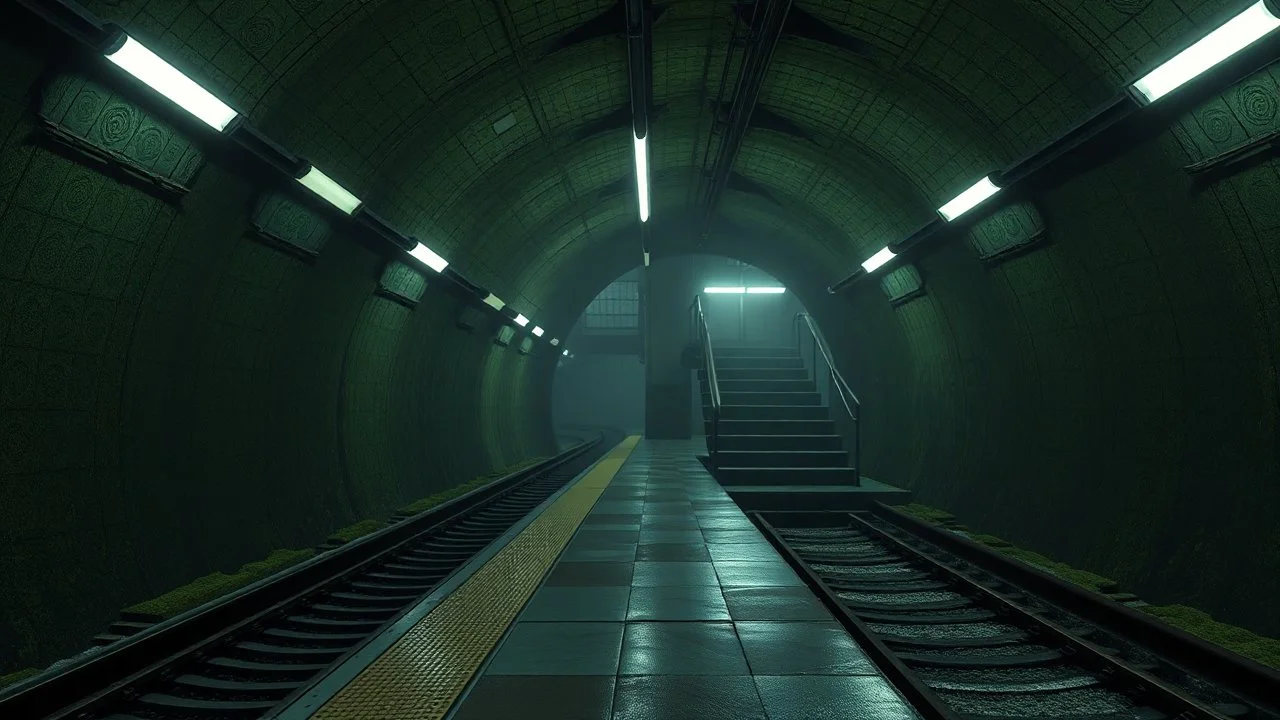 GAME CONCEPT ART .two poin perspective.Station platform and stairs from side .photograph inside of hole .very big ambient.gient station.Inside the old subway tracks, . Low light and closed green moss walls. Like the original design of the game space ,digital art.landscape,far camera old painting,2 Chen and George Hopper, Rembrandt lighting, a dark green color scheme, . --ar 13:16 --v 6. 0 metro game
