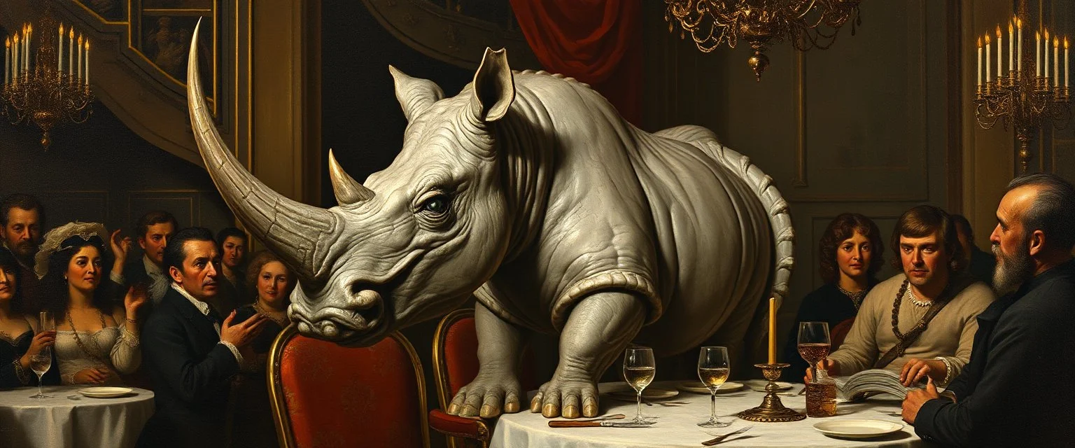 portrait painted by Rembrandt, stupid looking marble dragon rhino at banquet