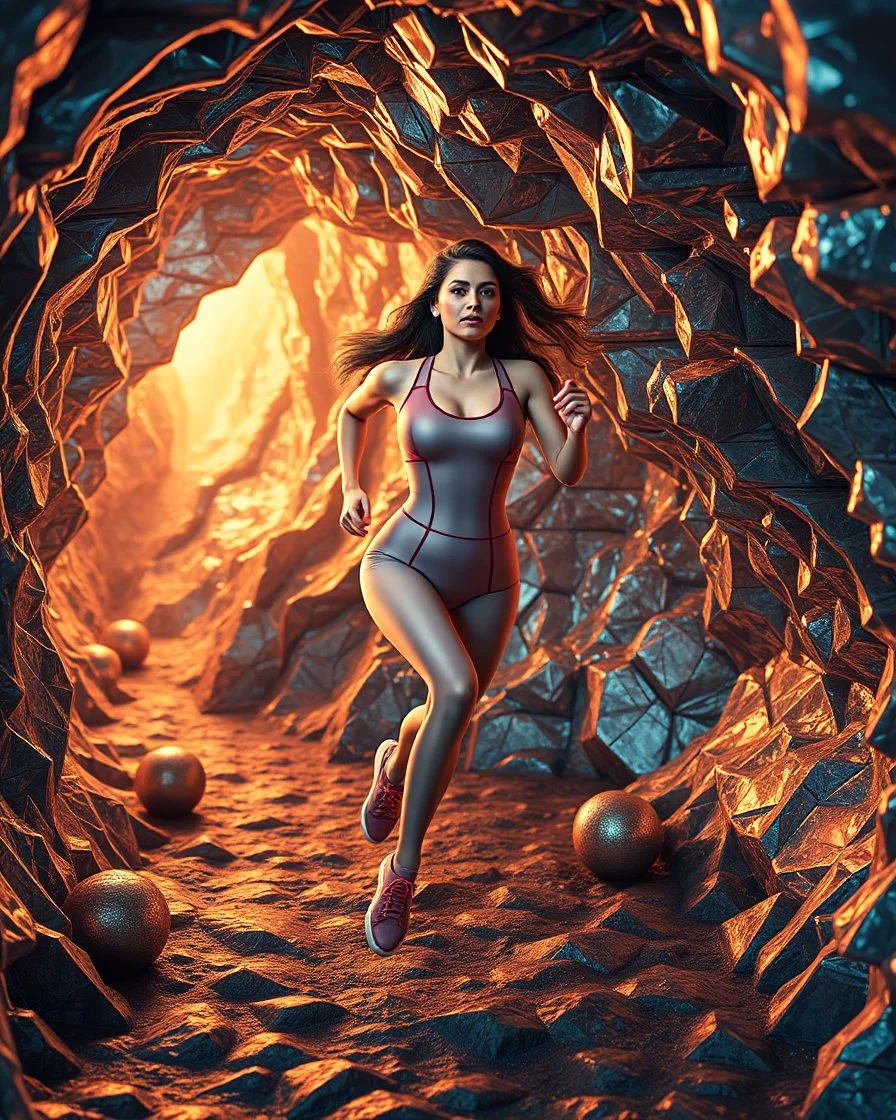 make a picture pretty cave made of crystal and metallic 3d fractal recursive cubic and sphere base structures and a beautiful fashion model lady with cute,curvy long hair,makeup, in pretty sports suit is running inside cave ,dynamic camera fallow her inside cave capturing full body, dynamic lights.