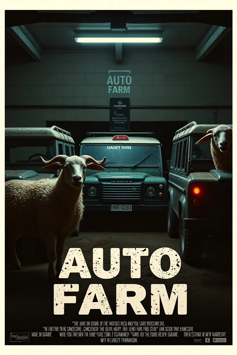 "Design an early 2000s-style romantic comedy movie poster titled 'Auto Farm.' Create dark, low-resolution 'CCTV footage' using an old 80s Sony camera. Depict a shadowy, clandestine garage where bizarre and forbidden medical procedures are being performed on restrained patients, but with a darkly humorous twist. Surround the scene with rugged, mud-splattered Land Rovers, while rabid sheep with human arms and foaming mouths roam menacingly yet comically around. Add elements of dark humor with eeri