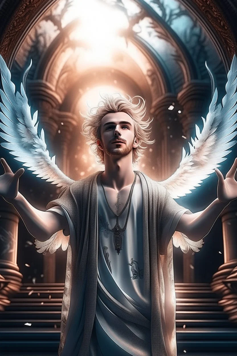 arms up towards heaven, hair standing straight up, fluffy clouds, intense eyes,looking upwards, white pupils, close facial portrait of the streetwise magician posing in elaborate cape, angels and demons, fireflies , staircase with closed gates of heaven, 4 k, down light, depth of field, trending on art station, high detail, cracked ground