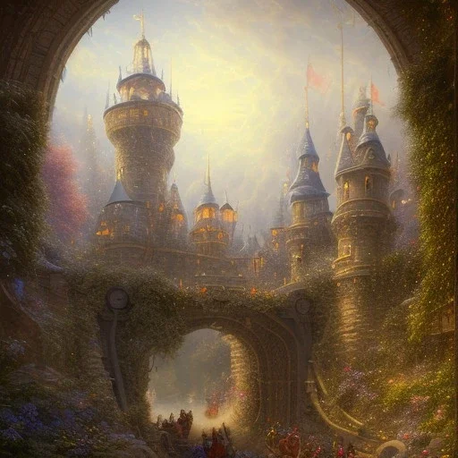 A luminous and magical drawbridge made of light, people standing in front of it and passing through the portal to enter another world, Peter Merbacher, Thomas Kincaid and Raphael Lacoste, masterpiece, illustration, many details, small details, intricate, popular at the station Art, painting with details and full HD components, 4K, 8K, 16K