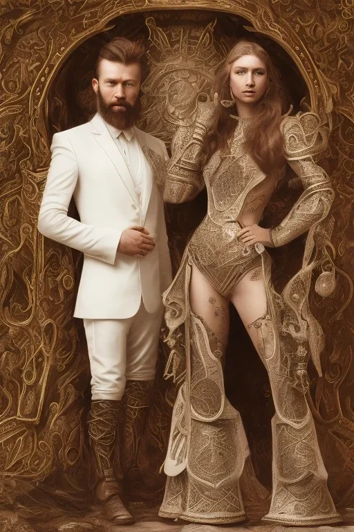 Viking style, 8K, a Highly detailed stunning portrait of Dom man with a kneeling submissive woman, white suit, beard, and short hair, bad boy,