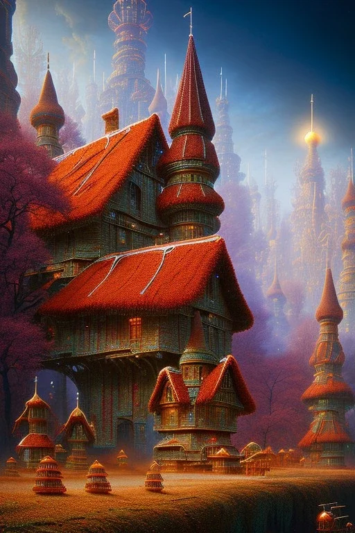 Gingerbread house, H. R. Giger Tishk Barzanji Michiel Schrijver Zdzisław Beksiński Beautiful synthwave city painting, digital illustration, extreme detail, digital art, 4k, Ultra HD