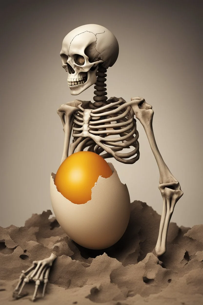 a haunting image of an embryonic human skeleton emerging from a cracked egg