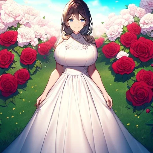 gorgeous anime girl wearing a yellow and white dress ,standing in a meadow of flowers, spreading rose pedals on the ground. beautiful eyes and a stunning smile, blue eyes