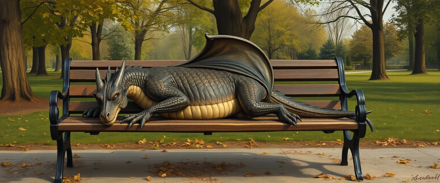 master oil painting by Rembrandt, flat dragon person sleeping on a bench in the park