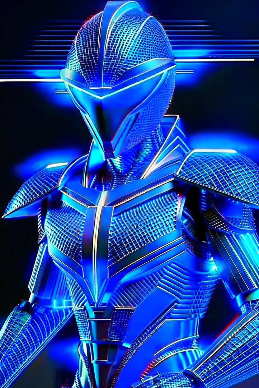 neon blue, flying parts of armor in form of triangles, cyber armor, geometric patterns on armor, male, orbiting triangle