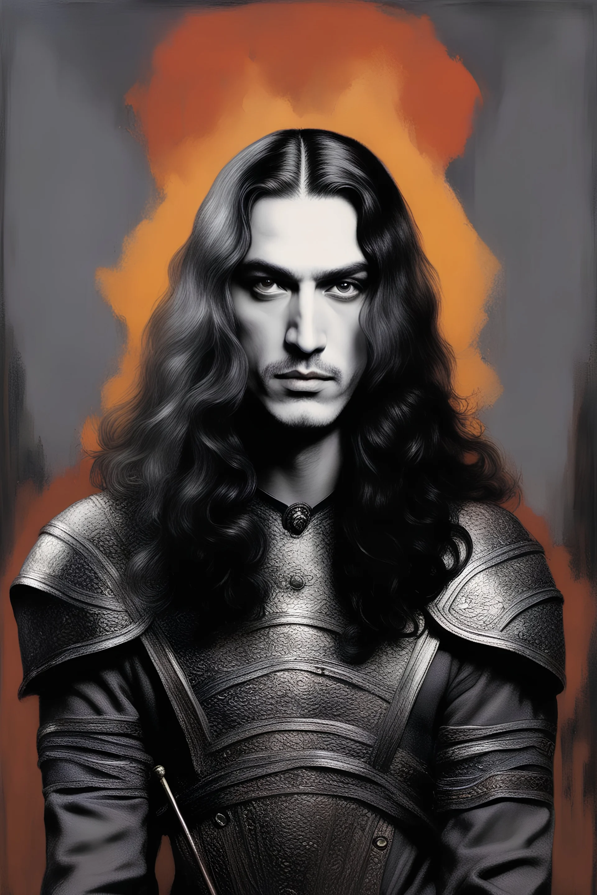 30-year-old George Criscuola (Drummer) with shoulder length, wavy, straight black and gray hair, with his face made up to look like a cat's face, red lipstick - in the art style of Boris Vallejo, Frank Frazetta, Julie bell, Caravaggio, Rembrandt, Michelangelo, Picasso, Gilbert Stuart, Gerald Brom, Thomas Kinkade, Neal Adams, Jim Lee, Sanjulian, Thomas Kinkade, Jim Lee, Alex Ross,