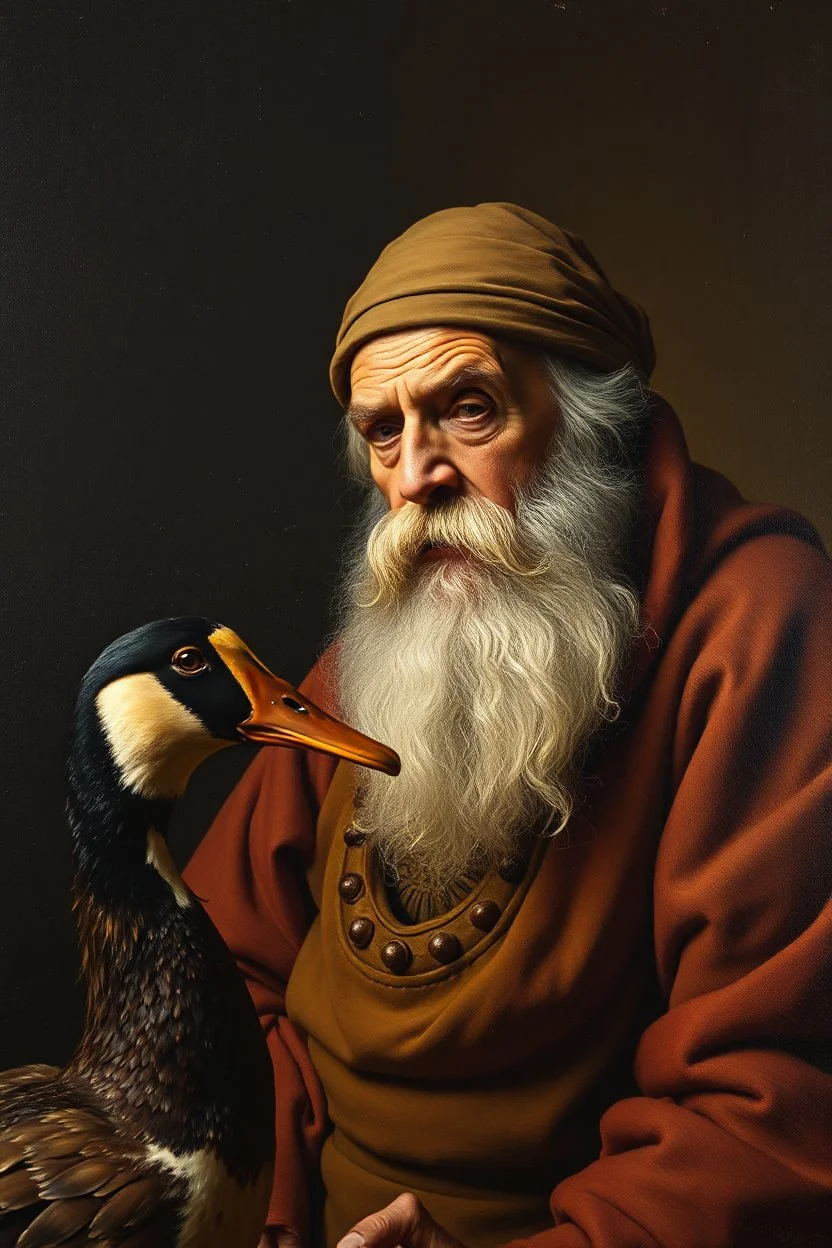 pin hole cam, master oil painting by Rembrandt, realistic rendering Portrait of the Apkallu sage who were sent by the god Ea to teach civilization to humanity before the flood. a duck screaming at a sad old man
