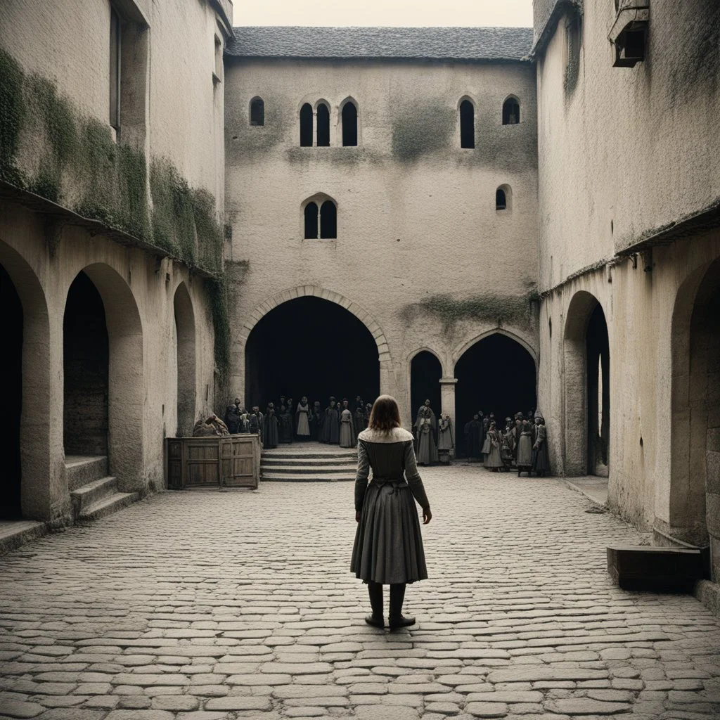 A documentary-style historical photograph with a gritty, filmic 1970s texture. The scene is the inner courtyard of the Royal Court in Chinon during medieval times. A wide-angle shot, taken from a slightly low perspective, captures Joan of Arc, 17, at the moment she is flanked by Jean de Metz and Bertrand de Poulengy. They are dressed in dusty, tarnished plate armor and leather. Joan herself wears simple, stained tunic and breeches, her hair shorn short, looking directly up toward the massive sto