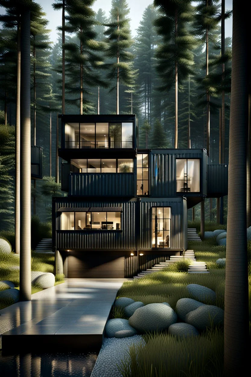 Medium sized, modern house in the woods made from shipping containers, photorealistic
