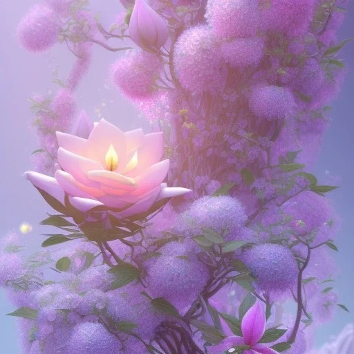 a magical crystal flower lys bougainvillier, blue gold house indian palace castle in the woods, magnolias pink,blue lake,sun,white swanns,pink vertical, blue lake,sharp, vines, candlelit, endor, ornate, elegant, highly detailed, artstation, concept art, smooth, sharp focus, illustration, 8k, splash art, wallpaper, key visual