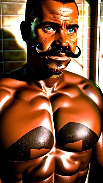 portrait photo of stocky marocan with moustache 40 years old under the shower, manly chest, big tights, in a old bathroom, misery and poverty, photorealism, 35mm lens, ultra detailed