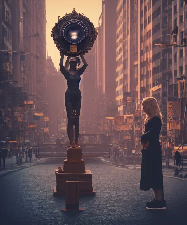 Statue of Queen of photography. Cute blonde woman. Photographer in golden crown. Standing on the street. Big camera in her hand. hyperdetailed, photorealistic, trending on artstation, greg rutkowski, beksinski, kodachrome, lomography, golden hour, bokeh, volumetric light