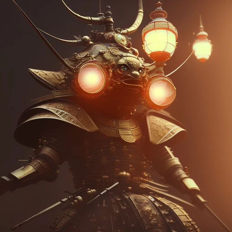 close-up of a insect with samurai armor in a low-light japanese city street with laterns, realistic, steampunk, 3d-art, futuristic, minimal design, unreal engine