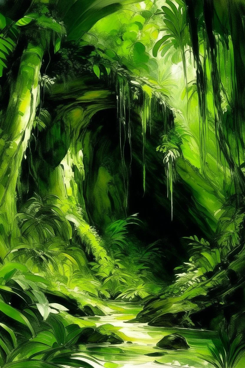 A lime green cavern covered in foliage designed in Mayan architecture painted by John Singer Sargent