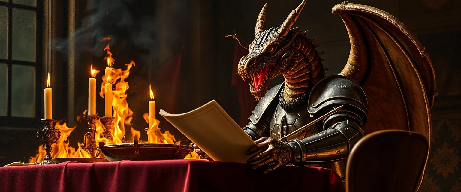 close up portrait painted by Rembrandt, dragon in knights armor holding speech at burning dinner table