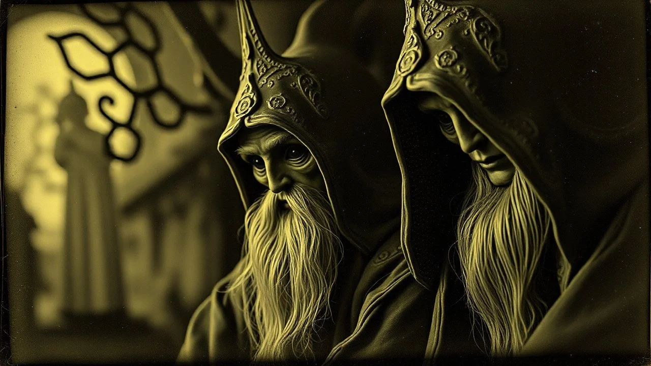 Daguerrotype close up some mysterious figures, odd background, cinematic, Hieronymus Bosch Max Ernst ambient light, by Minicavio Quollati and Marlost Endgulp, Amano, Botticelli, Alphonse Mucha