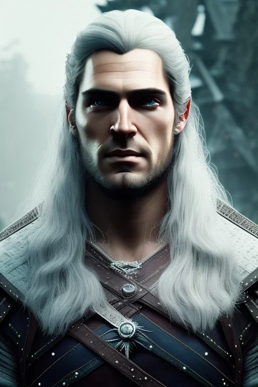 Henry cavil face, long white hair, wearing The witcher 3, realistic, 4k, intricate, best quality, fog particles, fire particles, octane render, vray, sword fire