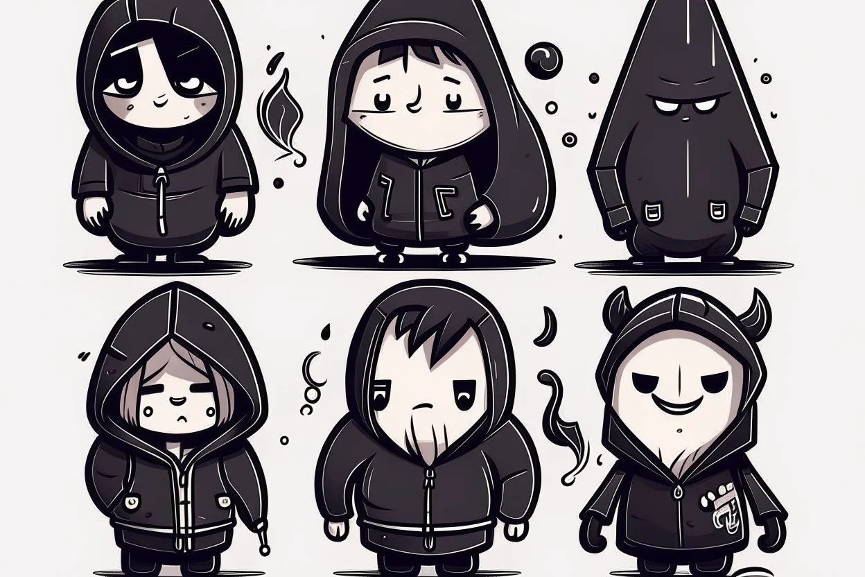 6 simple shaped hand drawn cartoon characters that are cute dark and have hoodies