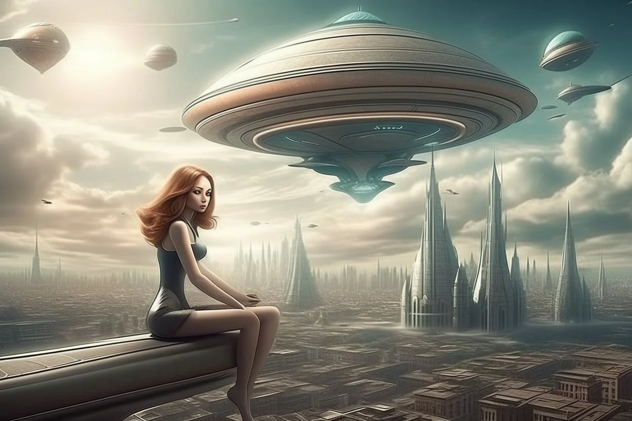 beautiful woman riding flying saucer over future alien city