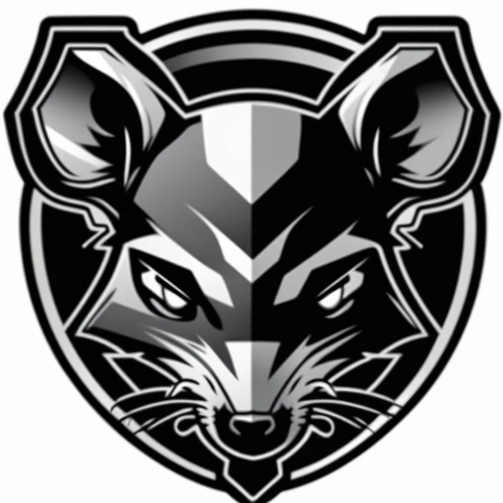 dead mouse's face logo on a triangular shield shape, vector(black white and gray)