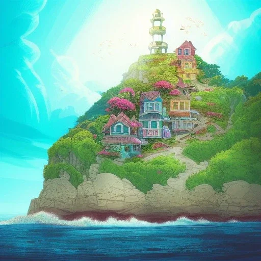  Skyscraper sea house between cliff ,sea cliff, hill peak,blue sky,detailed facades+beautiful,richly detailed houses,trees,ornamental flowers +uphill road+biopunk+Book illustration by Gediminas Pranckevičius,Brian Kesinger,strong lines,vibrant colors, highly detailed, 16k resolution