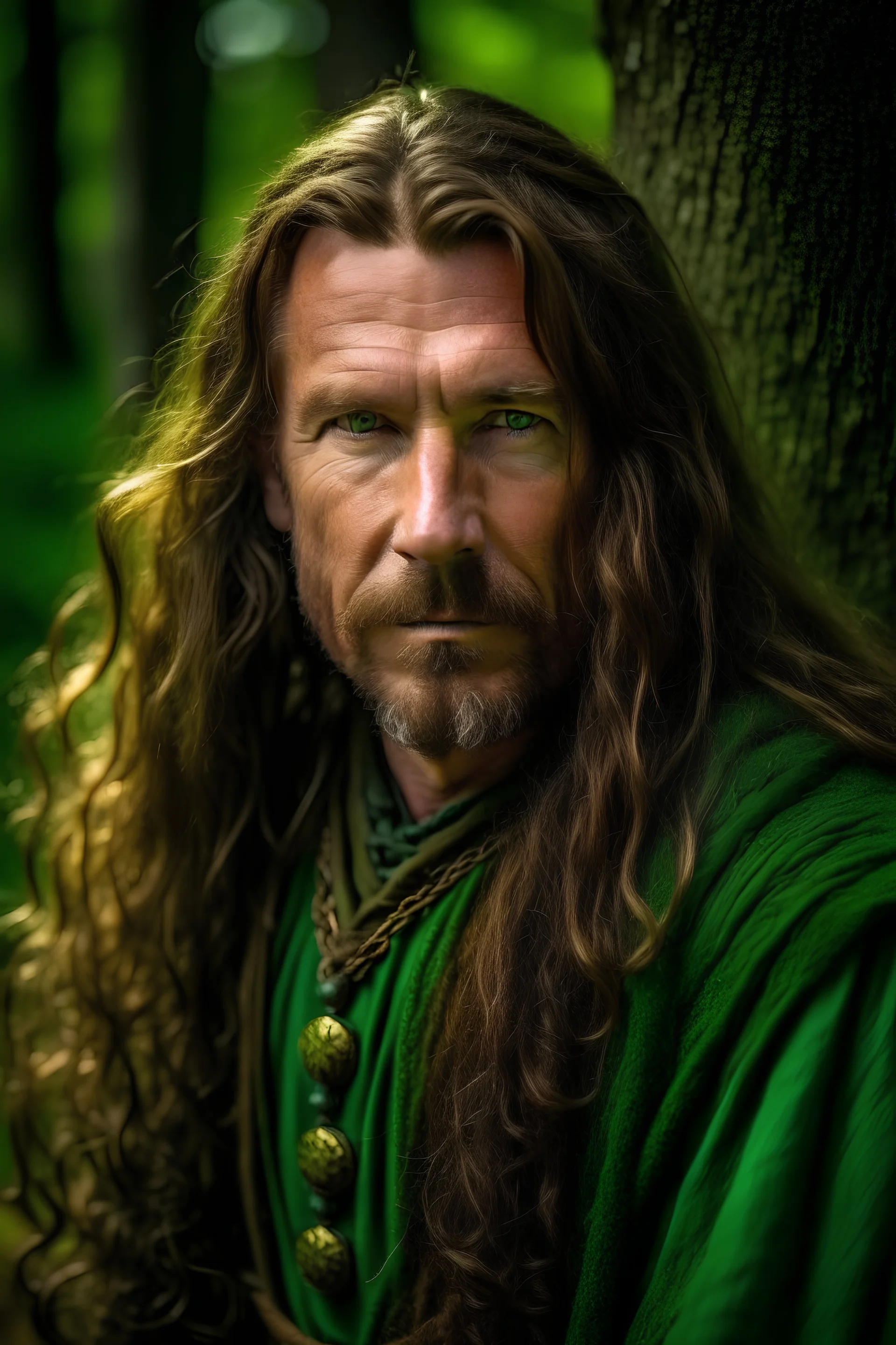 portrait of a handsome 40 year old highlander with long hair, earthbound, his favorite colors green, his favorite place is in the wood or in the garden
