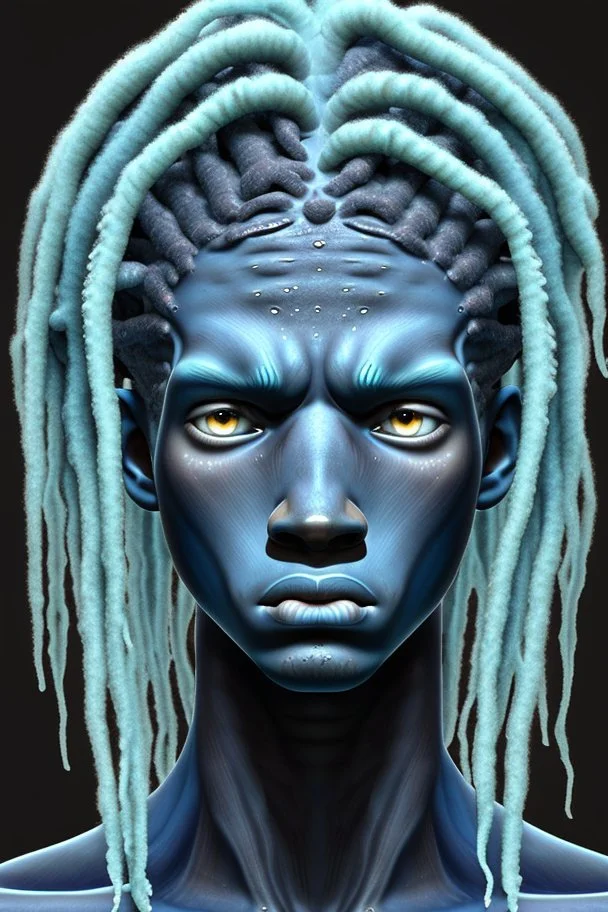 A young male water genasi with deep blue skin color, water shape like dreads on head.