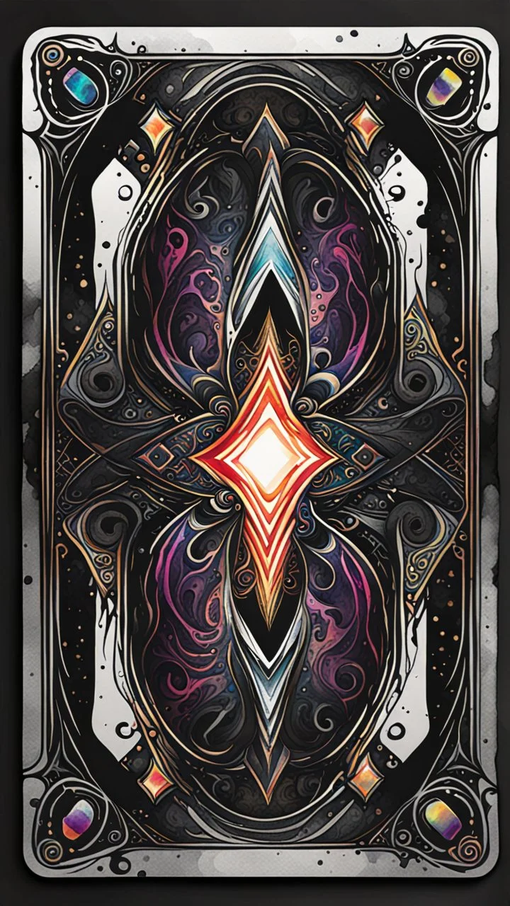 create a full color, ink wash and watercolor, ornate, abstract expressionist style bordered symmetric playing card template on a black background