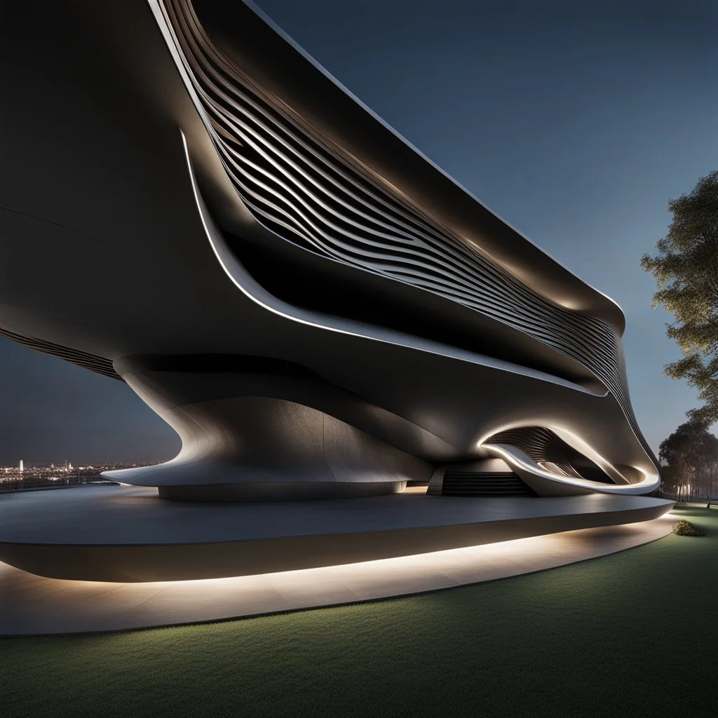 Fachada frontal de un museo estilo Zaha Hadid calidad ultra 12k