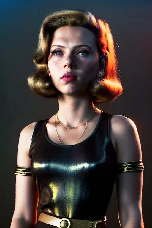 retro portrait image from 1960, explosion, long hair, young Scarlett Johansson, classic black tight lycra suit, metal stick weapon, gold bracelet and belt, high heel boots, soft color, highly detailed, unreal engine 5, ray tracing, RTX, lumen lighting, ultra detail, volumetric lighting, 3d, finely drawn, high definition, high resolution.