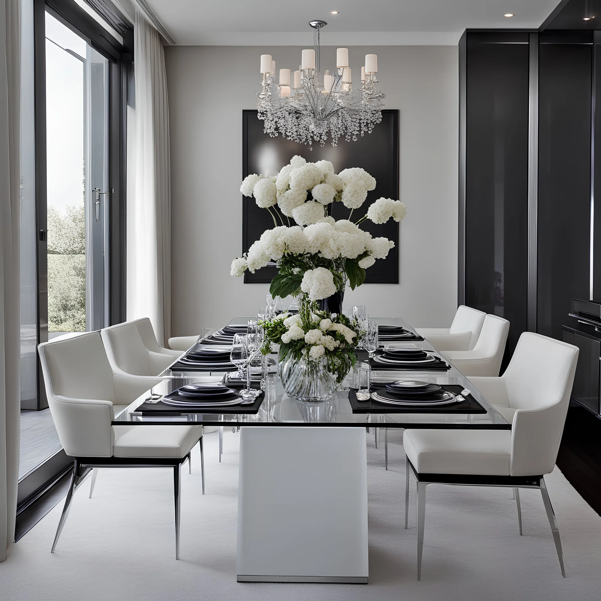 A stylish, contemporary dining room with a sleek glass table, surrounded by modern upholstered chairs in a chic monochrome color scheme. The room is bathed in soft atmospheric lighting, creating an elegant and intimate ambiance. A stunning centerpiece of fresh flowers adorns the table, adding a touch of natural beauty. The room's decor features minimalistic artwork on the walls, accentuating the clean lines and sophisticated design of the space. Perfect for hosting memorable dinner parties and c