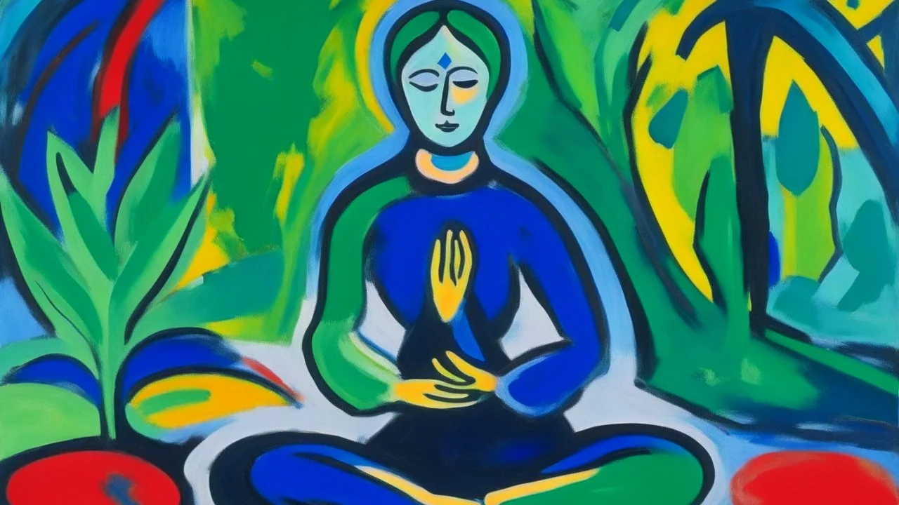 An oil expressionist painting by Matisse of a yoga teacher meditating.